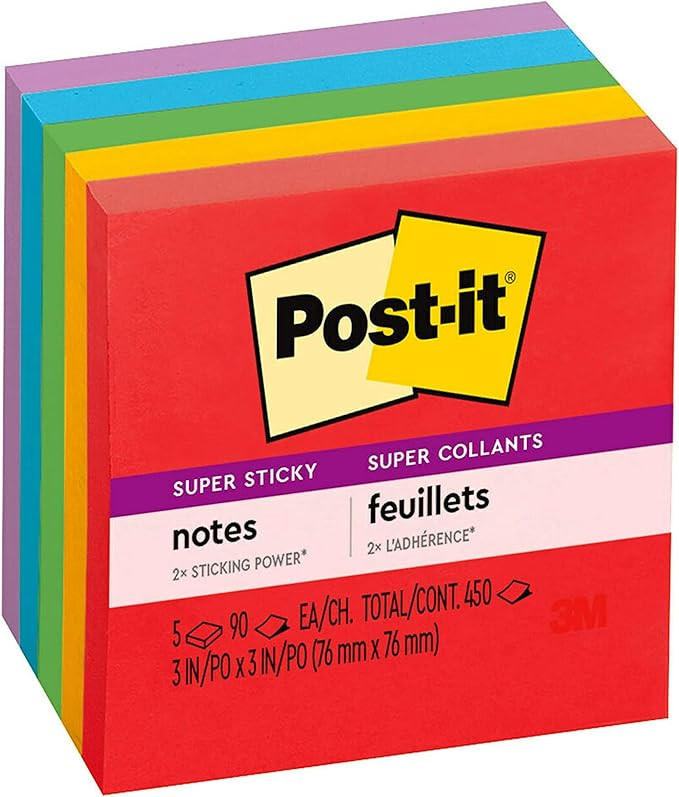 Post-it Super Sticky Notes, 3x3 in, 5 Pads, 2x the Sticking Power, Playful Primaries, Primary Col... | Amazon (US)