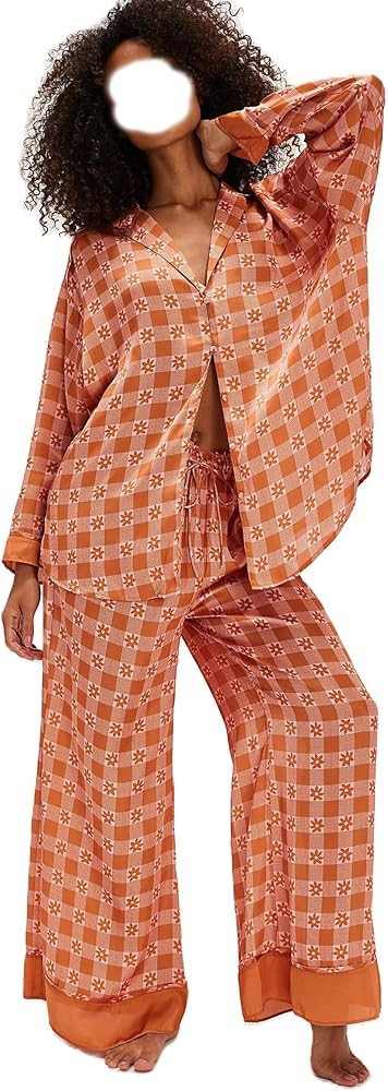 Women Soft Satin Pajamas Set Y2K Floral Long Sleeve Button Down Shirt Wide Leg Pants 2 Piece Silk... | Amazon (US)