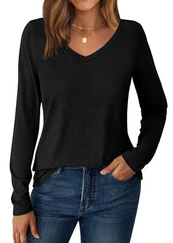 GKBK Women Long Sleeve V Neck Shirt Soft Casual Basic Tee Tops for 2025 Fall and Winter Fitted Clothes Trendy Everyday Wear Black XL | Amazon (US)