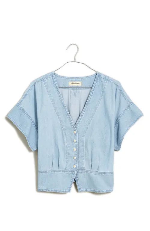 Madewell Pleated Short Sleeve Denim Top in Doral Wash at Nordstrom, Size Xx-Small | Nordstrom