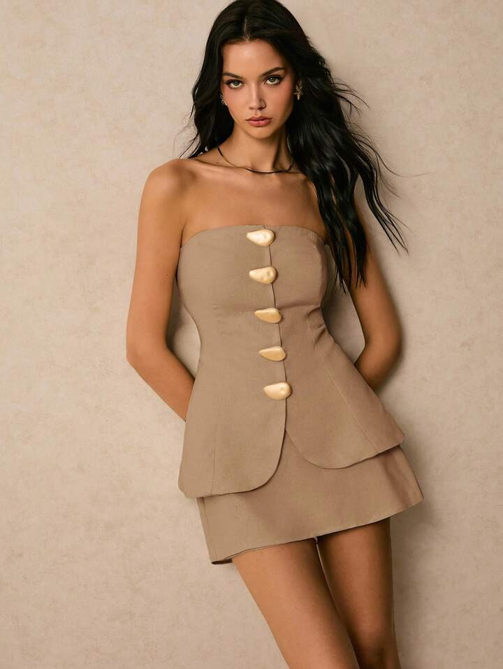 Poéselle Women's Elegant Bandeau Top And Skirt 2 Pieces Set, Summer | SHEIN