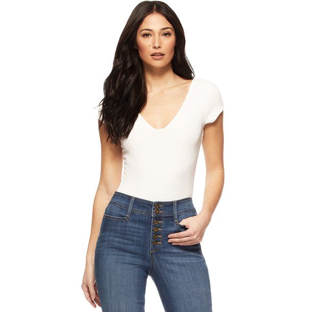 Sofia Jeans by Sofia Vergara Women’s Cap Sleeve Double V Ribbed Knit Bodysuit | Walmart (US)