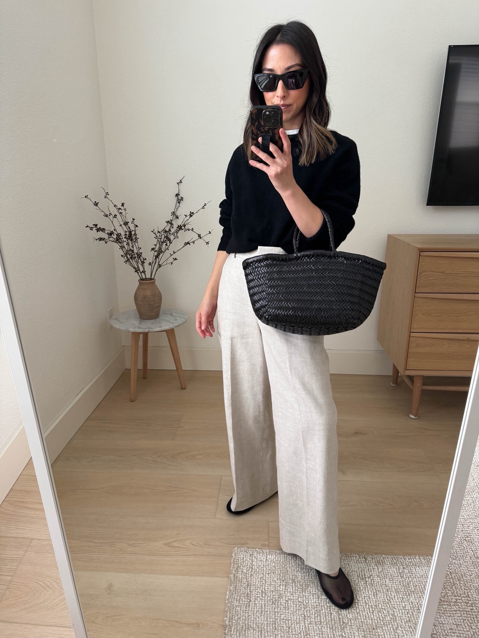 J.crew Sydney pants in linen. These are amazing! I have navy and black in these. This style is supposed to be cropped, so take the regular length for a full length style. I sized up to a 2 regular but need the 0 regular. 

Everlane sweater xs
J.crew pants 2 regular. Need the 0 regular 
Jeffrey Campbell flats 5
Dragon Diffusion tote 
YSL sunglasses  

Spring outfits, spring style, petite style, purse, 

#LTKitbag #LTKsalealert #LTKSeasonal