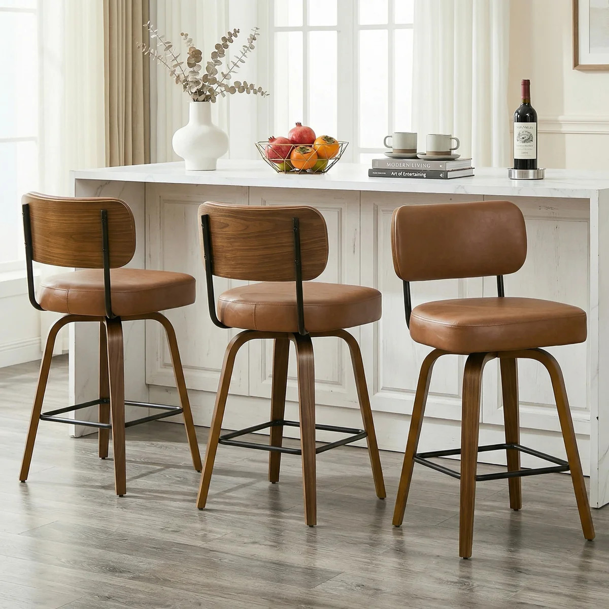 30" Swivel Upholstered Bar Stool with Walnut-Finish Bentwood Frame | Wayfair North America