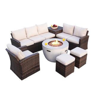 Greenland Brown 7-Piece Wicker Patio Conversation Set Round Firepits with Beige Cushions and Ottomans | The Home Depot