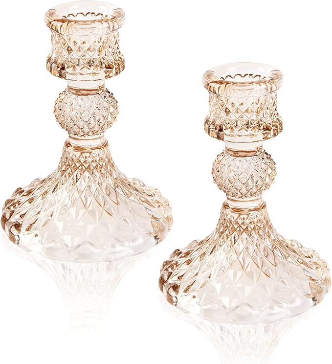 Glass Candle Holder, 2PCS Decorative Candle Sticks Pillar Candle Stand for Formal Events Wedding ... | Amazon (US)