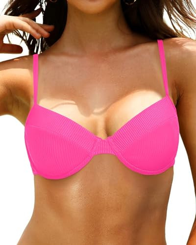 Tempt Me Women Hot Pink Underwire Bikini Top Ribbed Bathing Suit Top Bra Sized Swimsuit Top Only S | Amazon (US)