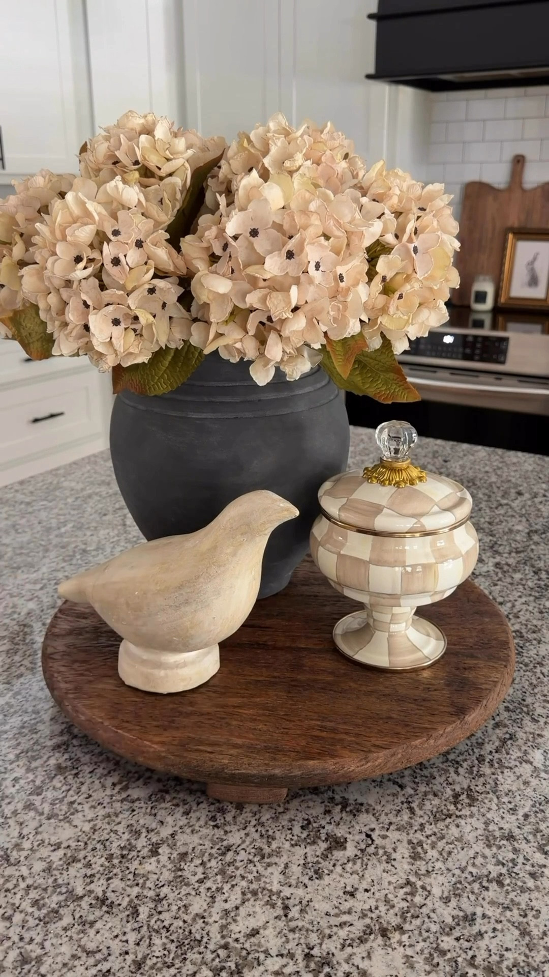 These neutral hydrangeas just get it. They’re full, soft, and so easy to work into any space—plus the price makes them even better.

My candy dish is a little extra (it was a gift and I’m still obsessed), but I had to share it because it really is that pretty. I’ll link a similar one that gives the same look without the splurge.

And this terra-cotta bird… I’ve loved it for years. It’s one of those pieces that never feels out of place and always finds its way back into my styling.

Simple, neutral, and just one of those looks that always works! 