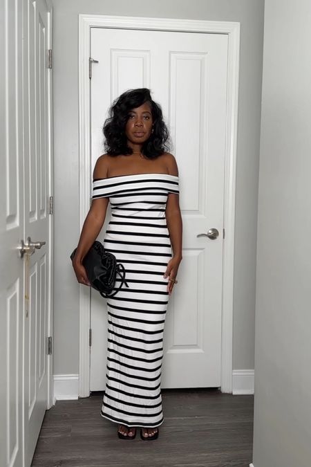 Black and white striped off the shoulder two piece set maxi skirt 

#LTKstyletip