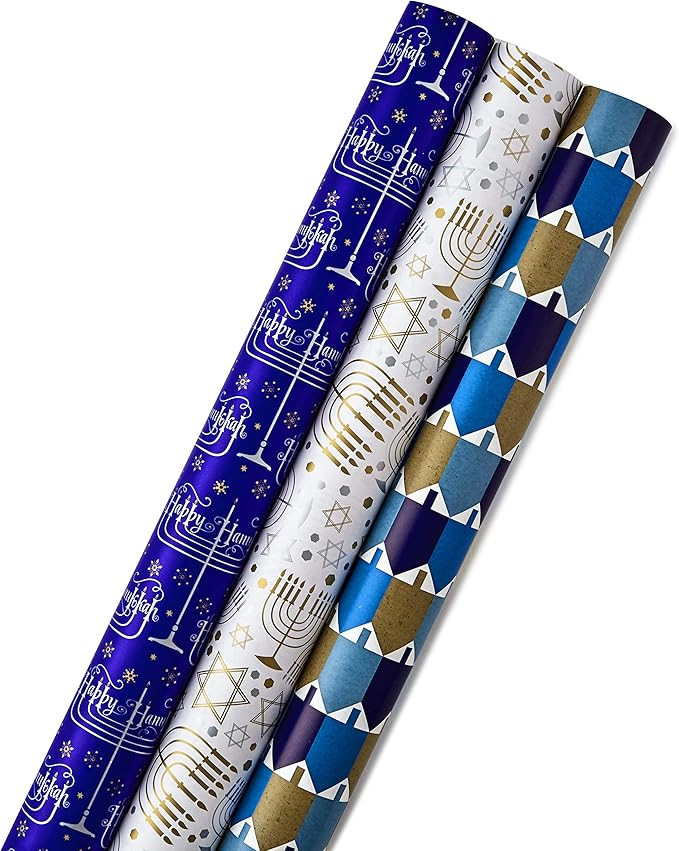 Hallmark Tree of Life Hanukkah Wrapping Paper Bundle with Cut Lines on Reverse, Blue, Gold and Wh... | Amazon (US)