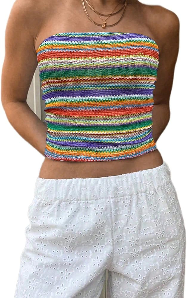 Floerns Women's Beach Vacation Boho Striped Sleeveless Bandeau Summer Strapless Crop Knit Tube To... | Amazon (US)
