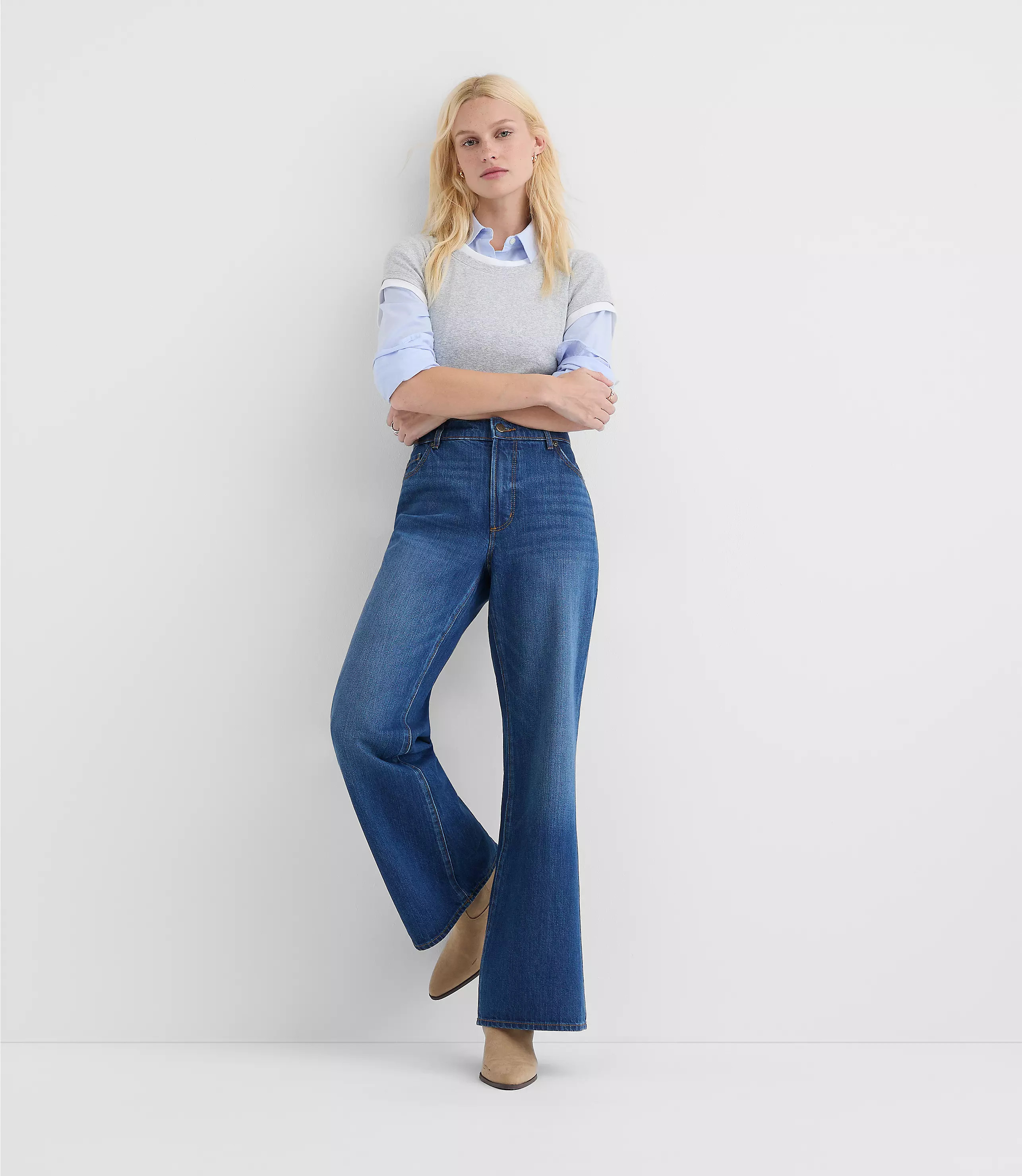 Rivete Mid Rise Relaxed Flare Jeans in Vintage Dark Wash | LOFT