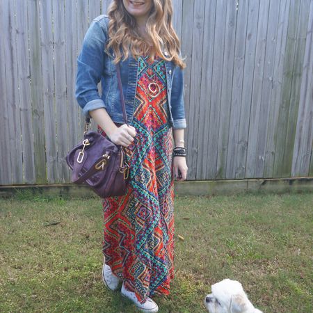 Theifted geometric print maxi dress with my also thrifted leather Converse, old denim jacket and my wine purple Chloe Paraty bag 💜

#LTKaustralia #LTKbag