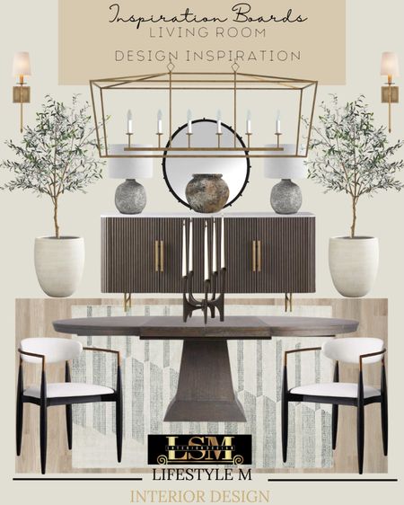 Dining room design inspiration! Recreate the look at home by shopping the pieces below. Wood dining table, upholstered dining chairs, dining room rug, wood floor tiles, candle holder decor, white planters, faux olive tree, buffet credenza, artisan table vase, table lamps, round mirror, gold brass wall sconce light, rectangle lantern chandelier. 

#LTKSeasonal #LTKhome #LTKstyletip