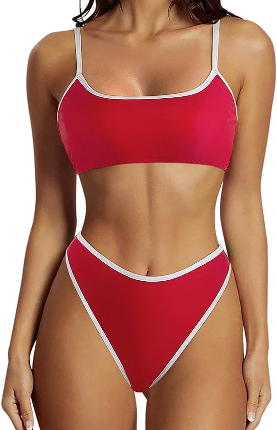 SUUKSESS Women High Waisted 2 Piece Bikini Set Cheeky High Cut Bandeau Swimsuit | Amazon (US)