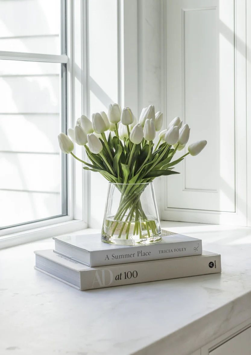White Tulips in Glass Vase | Faux Flower Arrangements at Afloral.com | Afloral