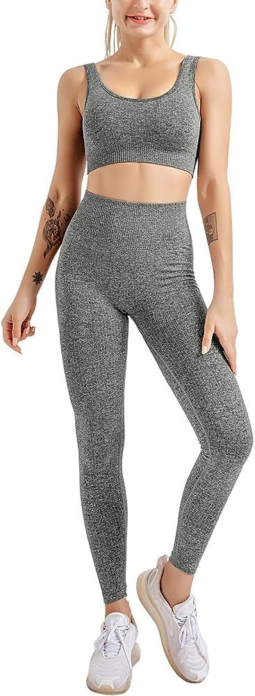OLCHEE Women's 2 Piece Tracksuit Workout Outfits - Seamless High Waist Leggings and Stretch Sports B | Amazon (US)