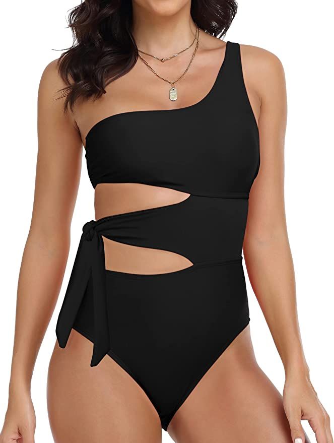 Hilor Women's One Shoulder Swimsuit Sexy Cutout Swimwear Cute Tie Side One Piece Bathing Suits | Amazon (US)