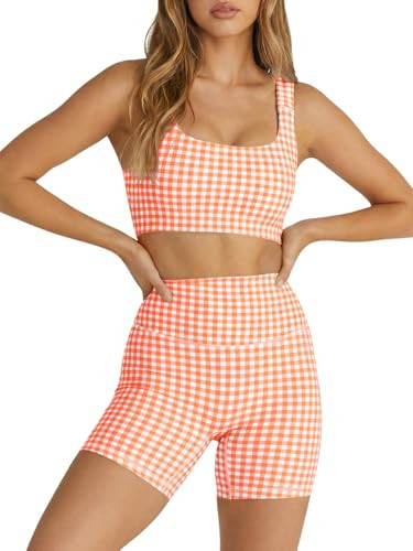 Aoysky Womens Workout Gingham 2 Piece Outfits Padded Open Back Crop Tank High Waist Sports Shorts Sets Yoga Matching Sets | Amazon (US)