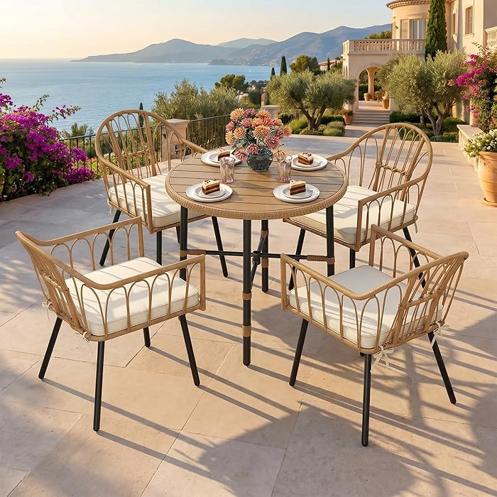 DWVO 5 Piece Patio Dining Sets, Outdoor Dining Furniture Set with 2" Umbrella Hole, Wicker Rattan... | Amazon (US)