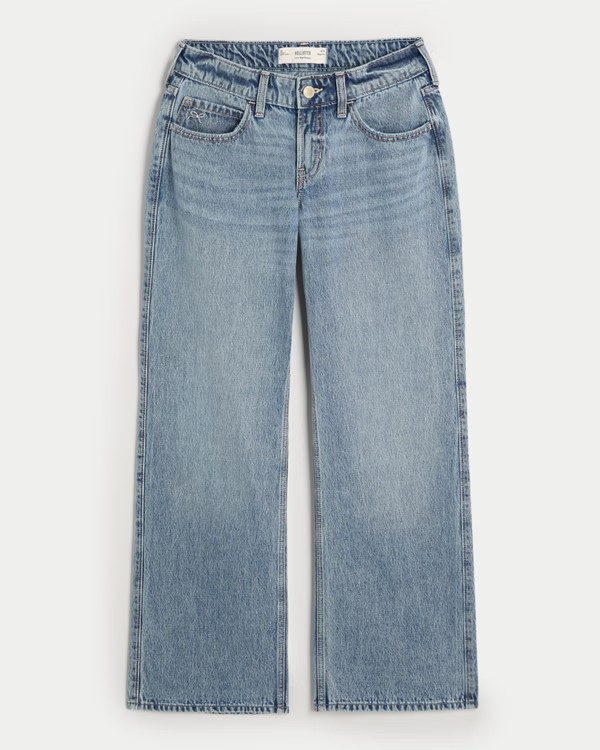 Low-Rise Medium Wash Embroidered Bow Baggy Jeans | Hollister (US)