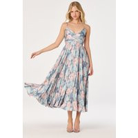ASTR the Label | Maeve Pleated Satin Midi Dress in Blue multi abstract | Size XL | ASTR The Label (US)
