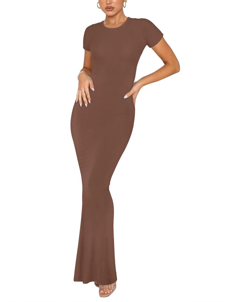 REORIA Women's Basic Summer Casual Lounge Long Dress Elegant Short Sleeve Crew Neck Bodycon Maxi ... | Amazon (US)