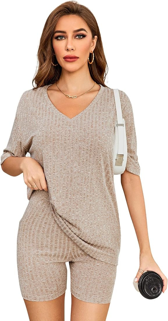 WDIRARA Women's 2 Piece Outfits Ribbed Short Sleeve Drop Shoulder Tee and Shorts Set | Amazon (US)