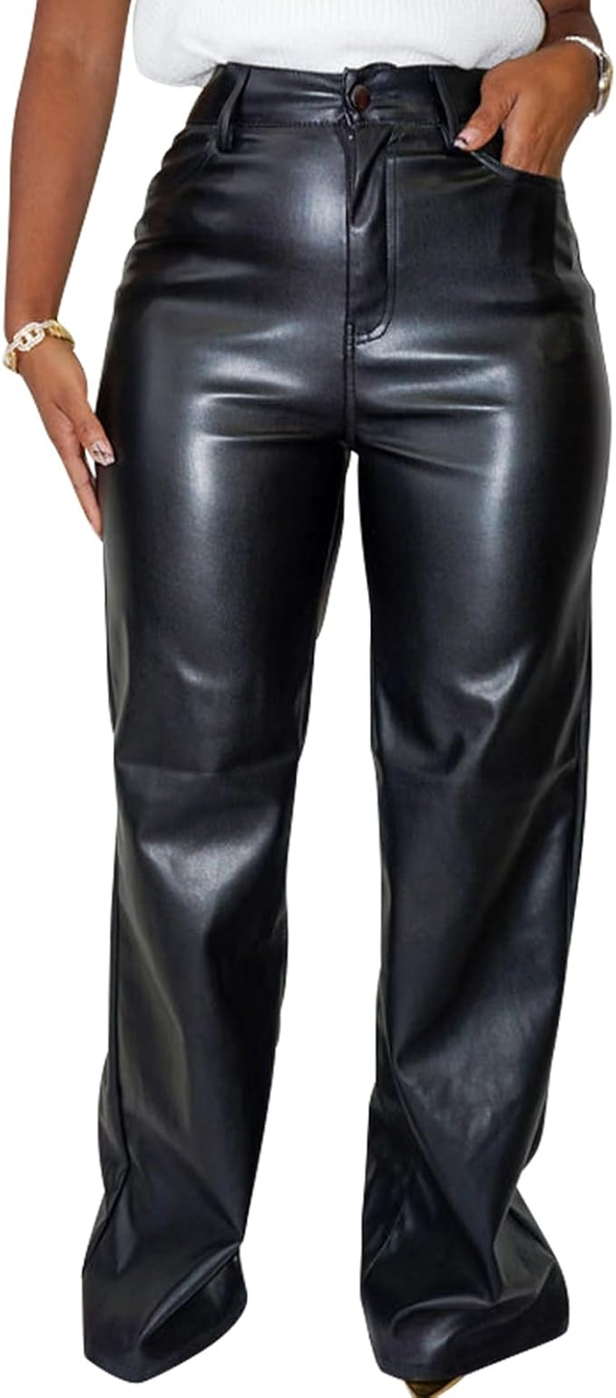 hibshaby Faux Leather Pants for Women High Waisted Straight Leg Long Pants | Amazon (US)