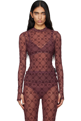 Burgundy Moonogram Mesh Flock T-shirt | SSENSE