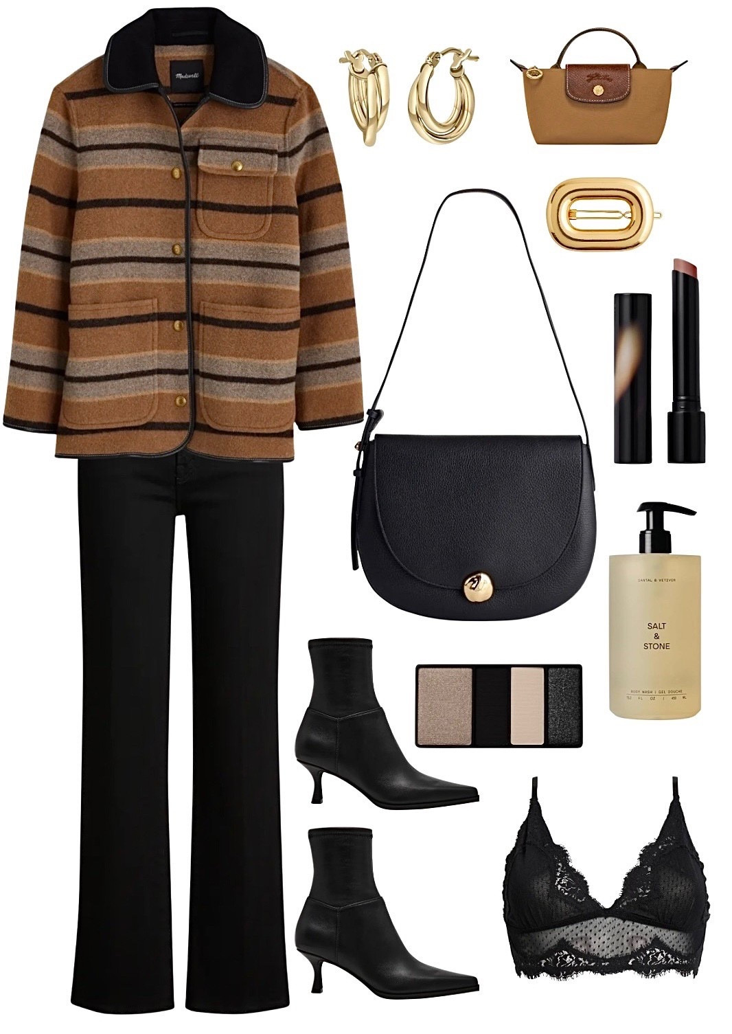 Stripe jacket 
Black jeans 

#LTKSeasonal #LTKOver40 #LTKFindsUnder100