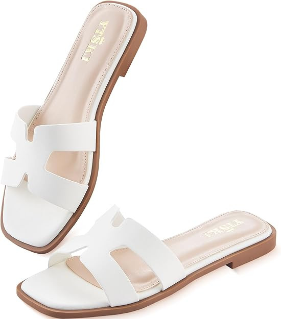 Sandals for Women 2026 Dressy Slides Flat Open Toe Comfortable Soft Leather Slip On Ladies Casual... | Amazon (US)