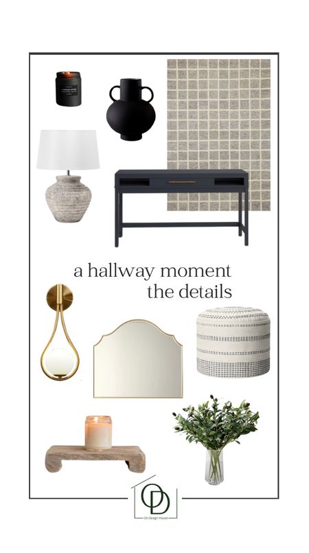 A hallway moment mood board…

Console table design, curated console table styling, black console table, gold arch mirror, gold teardrop sconces, striped pouf ottoman, textured table lamp, black vase, faux olive stems, wood riser, checkered rug runner

#competition 

#LTKstyletip #LTKhome #LTKFind