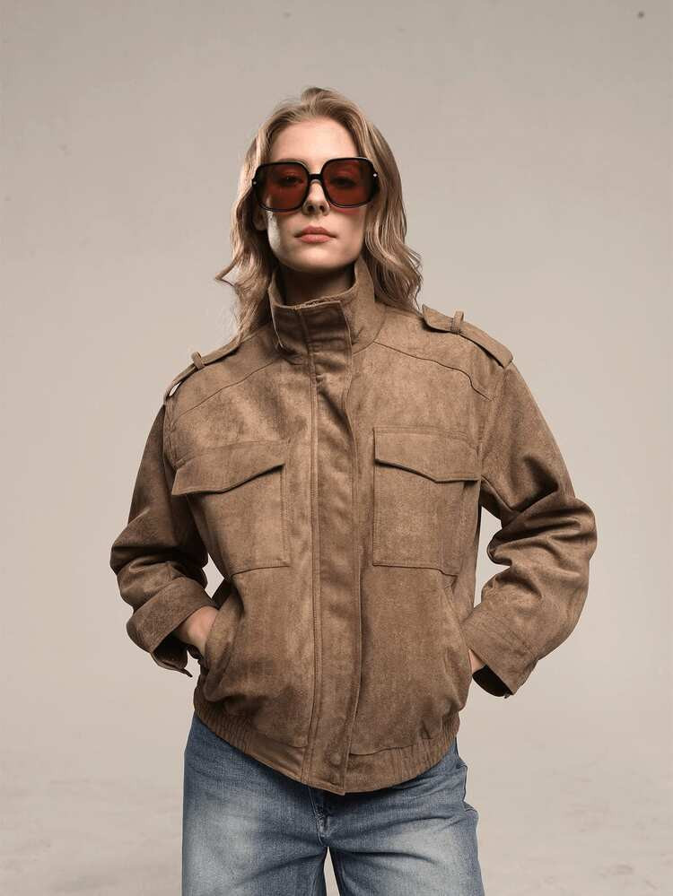 HZXVIC Women's Autumn New French Street Style Long Sleeve Stand Collar Motorcycle Jacket, Loose Casual Suede Texture Jacket | SHEIN