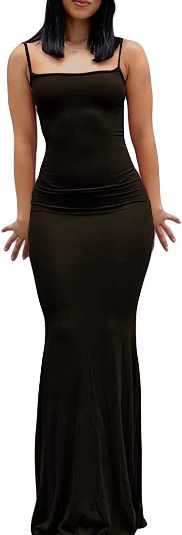 Womens Sexy Spaghetti Strap Maxi Dress Bodycon Trendy Cami Long Skims Dupe Dresses Party Club Nig... | Amazon (US)