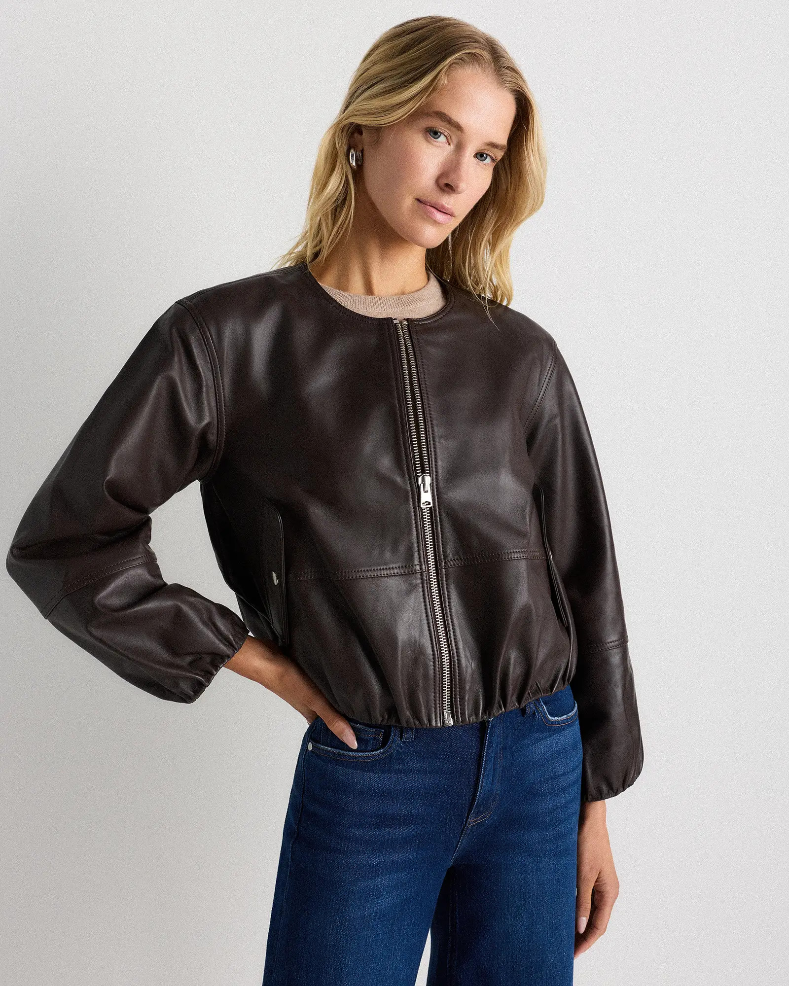 100% Leather Cropped Collarless Jacket in Rich Brown | Quince