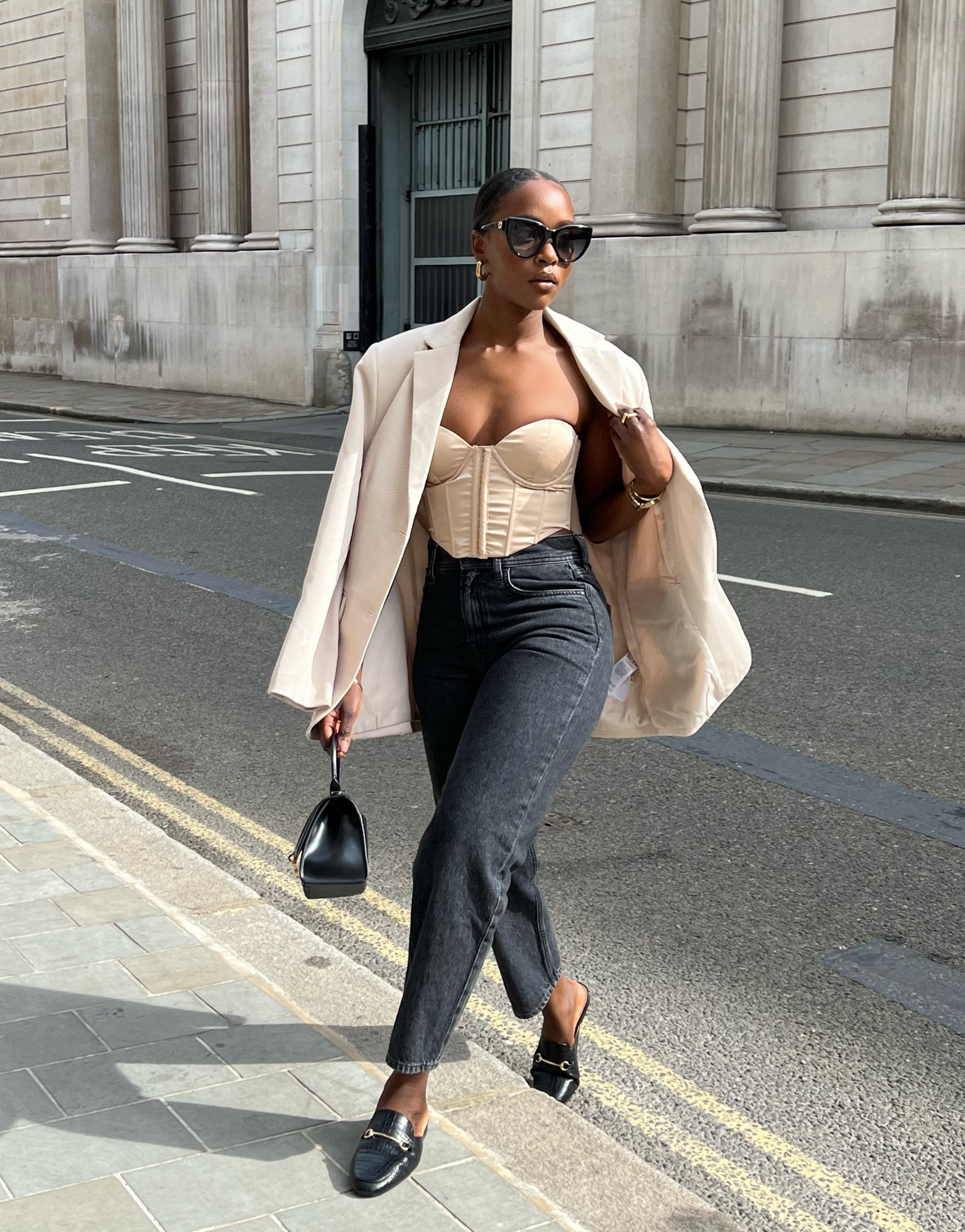 Black jeans, neutral blazer, street style, smart casual outfit, corset top, fur loafers, Balenciaga bag, blazer, jeans and a nice top, brunch outfit 

#LTKSeasonal #LTKstyletip #LTKeurope