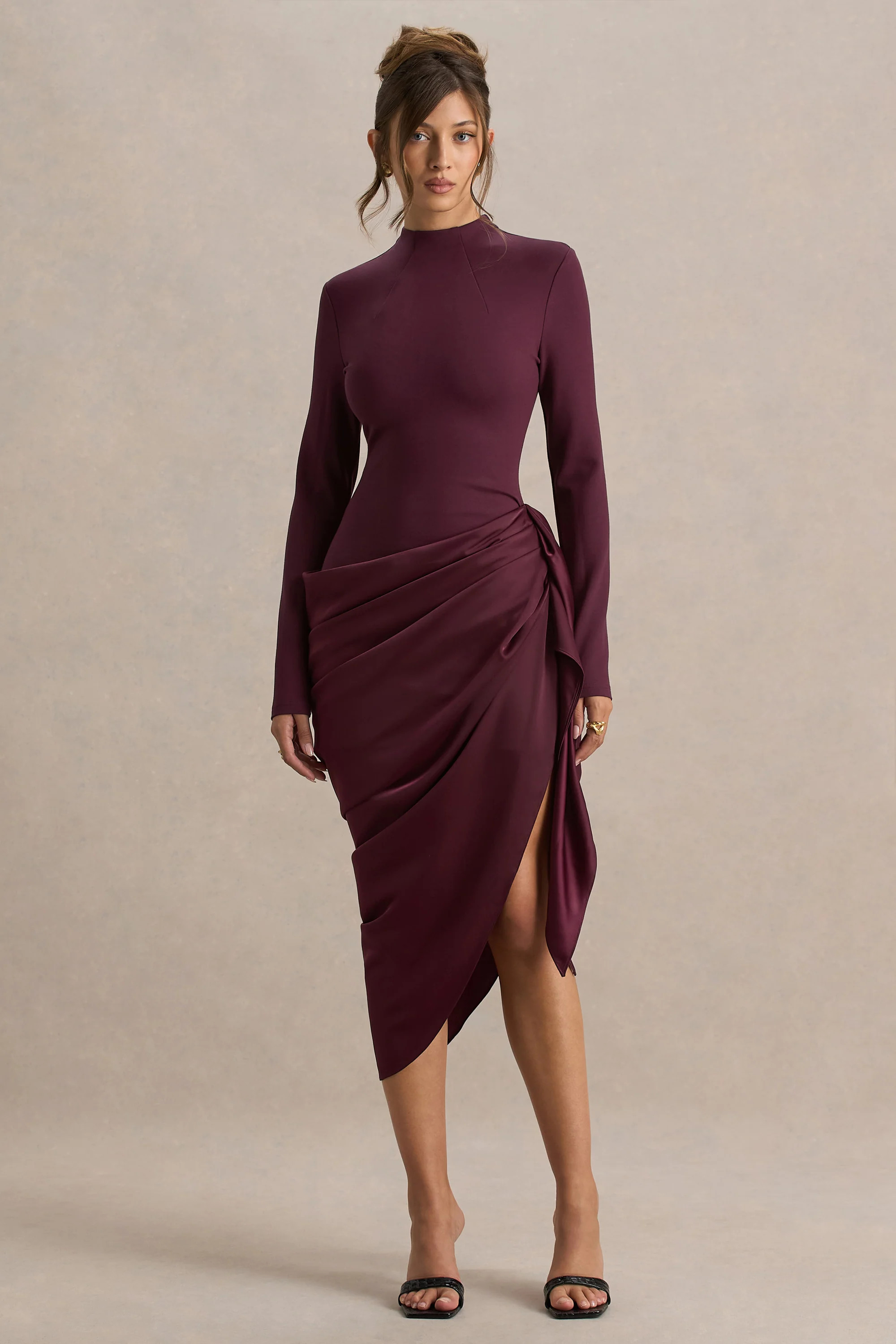 Raffie | Plum Long-Sleeve Midi Dress With Satin Wrap Skirt | Club L London