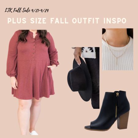 #LTKSale -  Plus size fall outfit inso - Pink Lily | LASTING DAYDREAM BRICK HENLEY BABYDOLL RIBBED DRESS |WASTING OUR TIME GOLD LAYERED NECKLACE | FOR NEXT TIME BLACK WIDE BRIM FEDORA HAT | SKYE BLACK OPEN TOE BOOTIES

#LTKSale #LTKplussize #LTKSeasonal