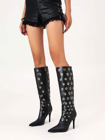 Solid Color Side Zipper Hollow-Out Minimalist Casual High Heel Side Zipper Knee-High Boots | SHEIN