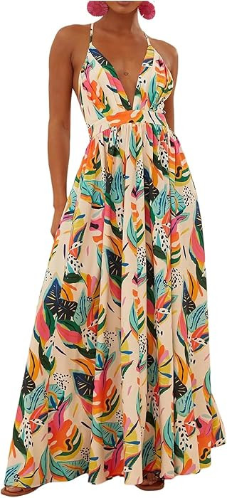 RoseSeek Women's Colorful Botanical Print Halter Dress Deep V Neck Cross Back Maxi Dress Vacation... | Amazon (US)