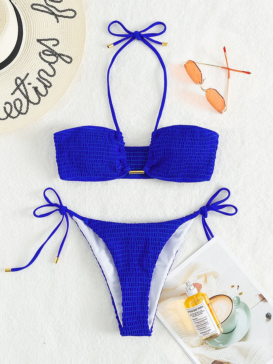 HomeWomen ClothingWomen BeachwearWomen SwimwearWomen Bikini SetsSmocked Halter Bikini Swimsuit | SHEIN