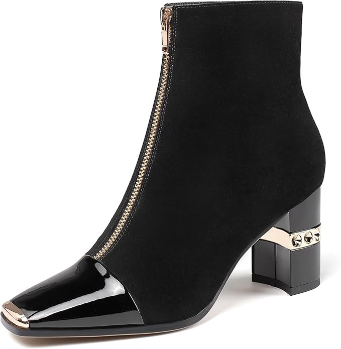 XINIUNIU Women's Ankle Boots Block Chunky Heels Booties Metal Square Toe Suede Front Zipper 3 Inc... | Amazon (US)