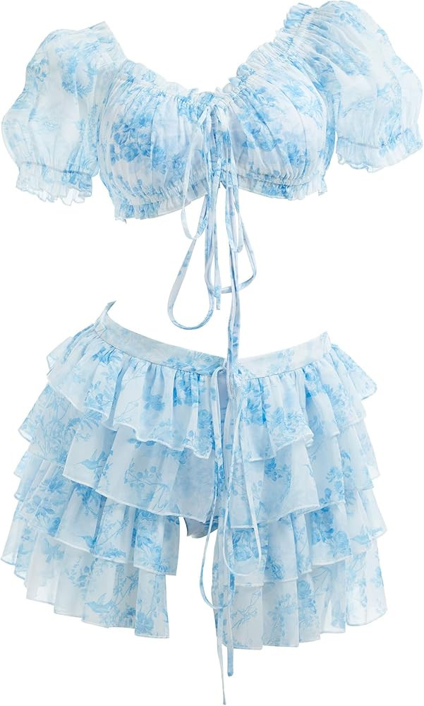 Womens Bikini Set 40's Retro Vintage Elegant Floral Bikini Swimsuit with Cover-up and Skirt | Amazon (US)