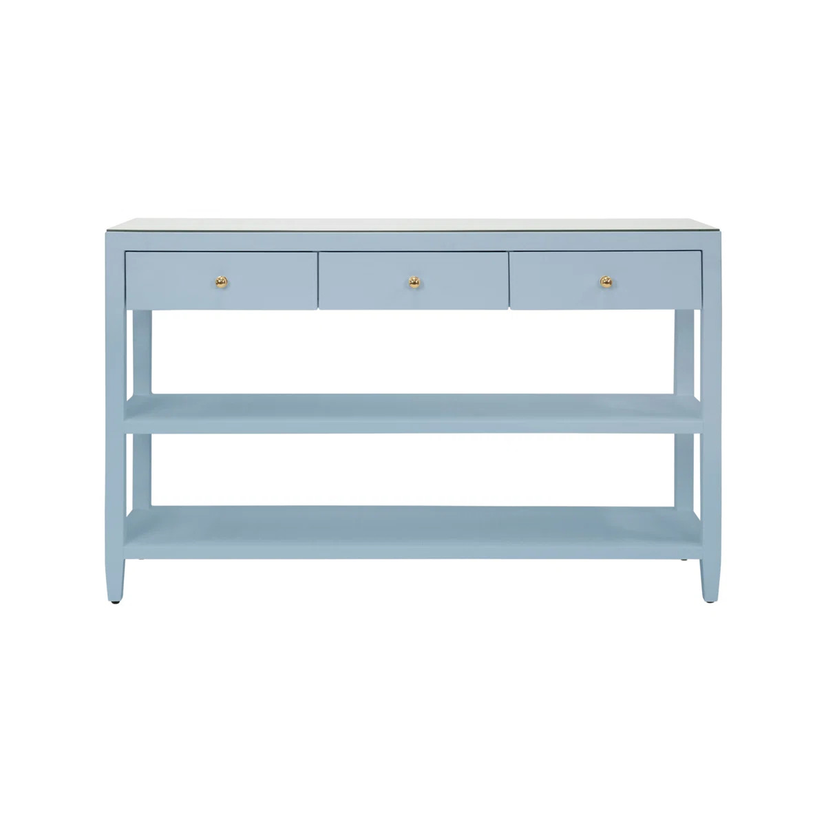 Three Drawer Console With Two Open Shelves In With Polished Brass Knobs | Wayfair North America