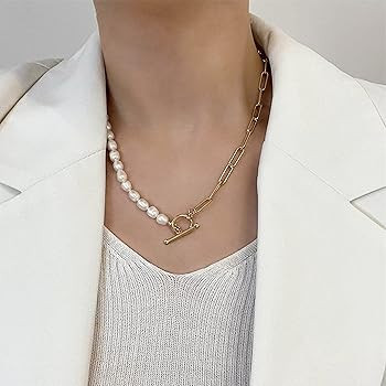 Cowlyn Paper Clip Pearl Necklace Vintage Chunky Link Chain Baroque Cultured Pearls 18K Gold Choke... | Amazon (US)