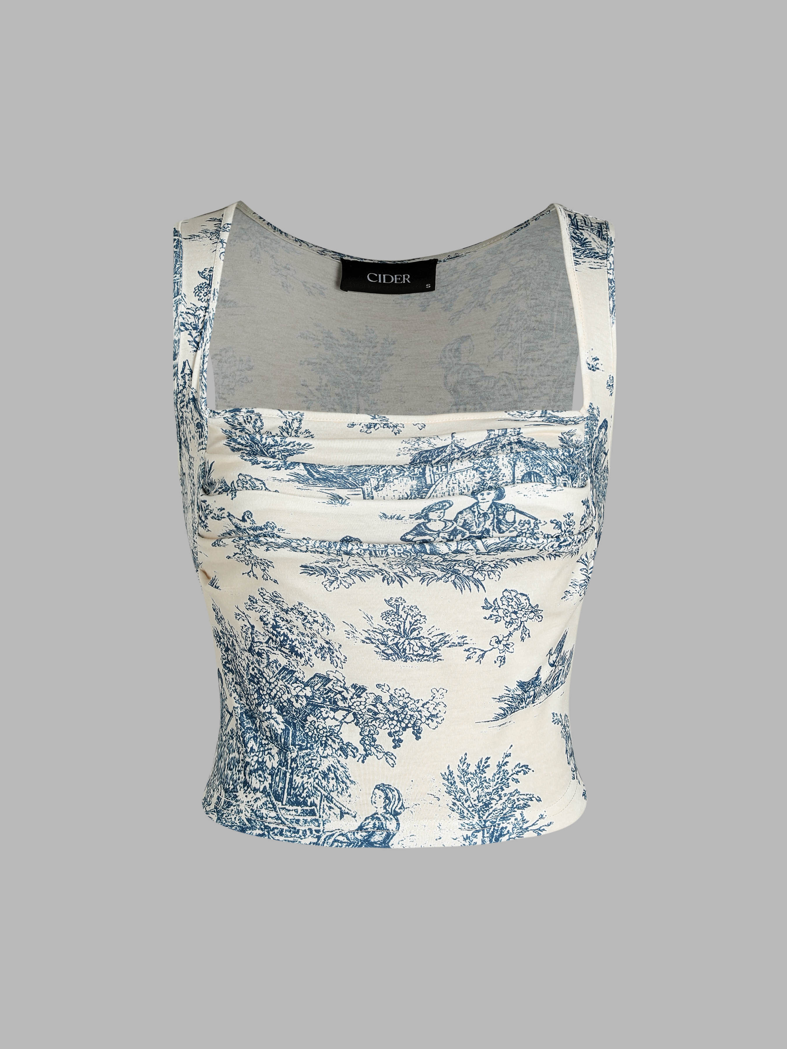 Cute Tops Knit Fabric Toile de Jouy Square Neck Tank Top | Cider