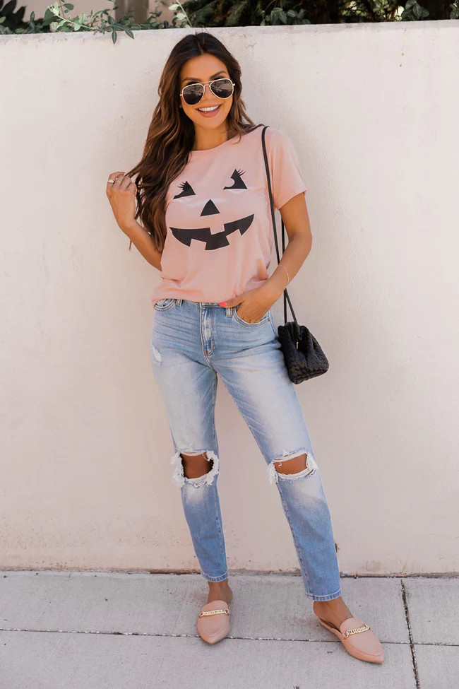 Jack O Lantern Lady Graphic Peach Tee | Pink Lily