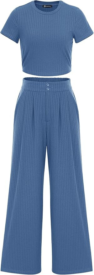 Pretty Garden Womens 2 Piece Summer Knit Short Sleeve Crop Tops Wide Leg Pants Tracksuit | Amazon (US)