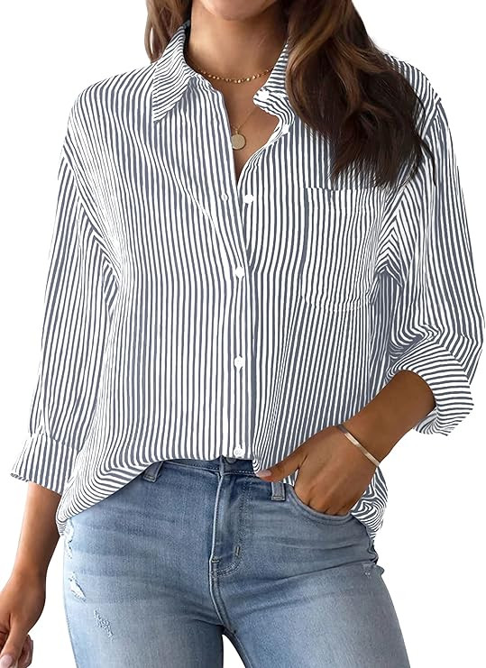 AISEW Womens Button Down Shirts Striped Classic Long Sleeve Collared Office Work Blouses Tops wit... | Amazon (US)